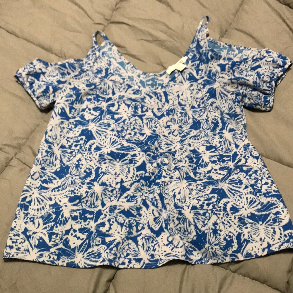 Butterfly print cold shoulder blouse